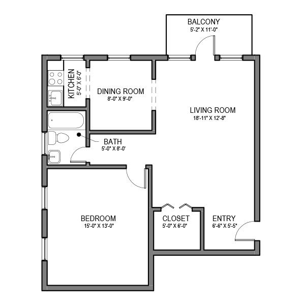 Floor plan for 1 bed, 1 bath, 625 sqft